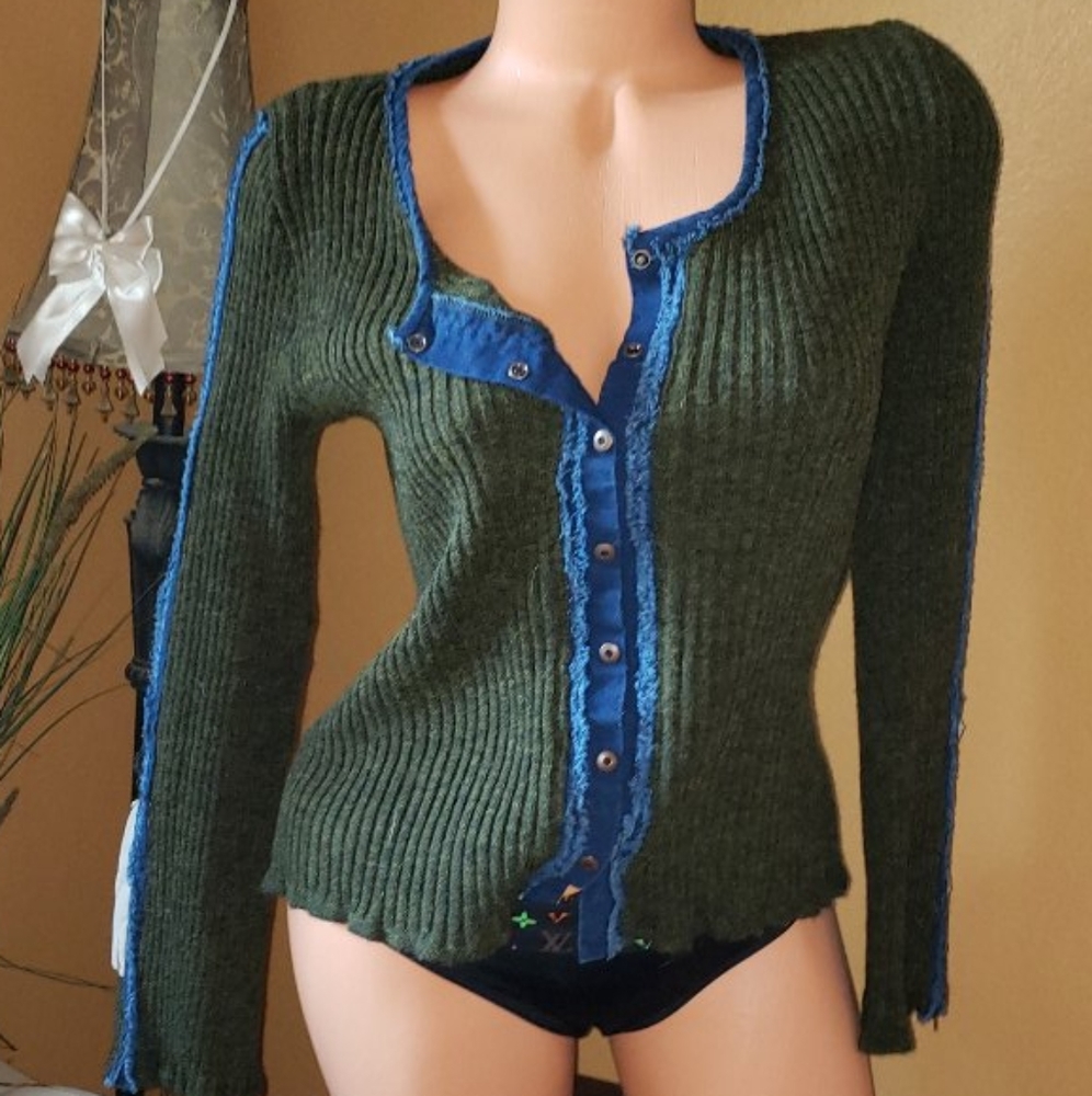 SOLD Destroyed Denim Jean Sweater top shirt Medium